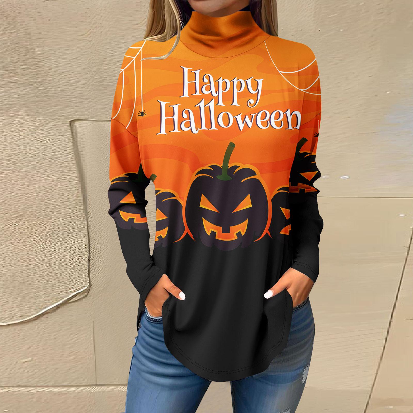 

Жіночі футболки для осені Повсякденні сорочки з довгими рукавами Світшоти Хеллоуїн Пуловер з високим горлом і принтом L помаранчевий
