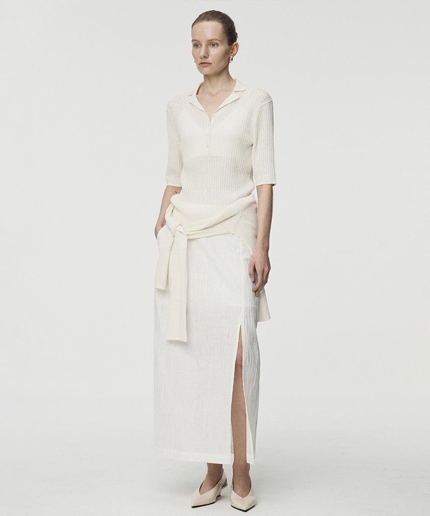 UMARMUNG Linen Cotton Ribbed Collared Pullover_Ivory