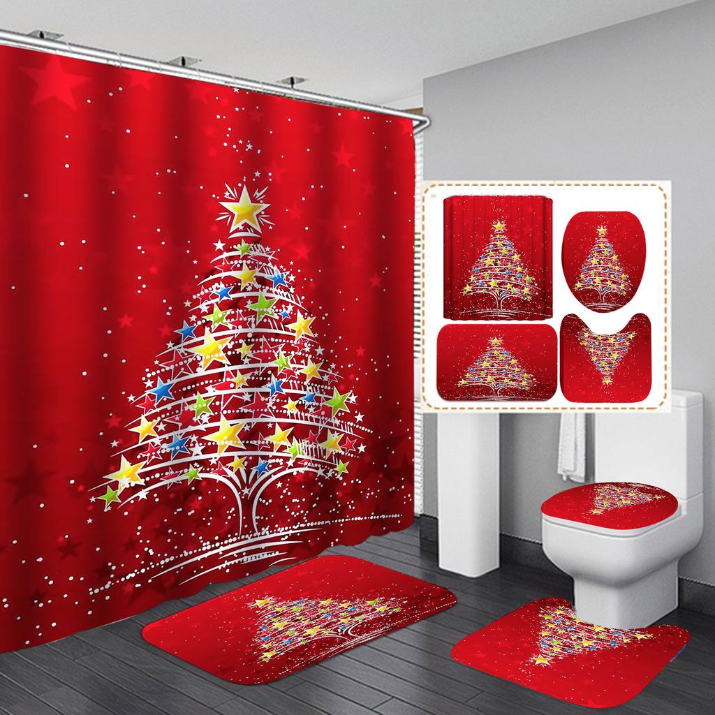 4-teiliges Duschvorhang-Set mit Weihnachts- und Weihnachtsbaum-Serie für Badezimmer, rutschfeste Badezimmerteppiche, Deckel, Toilettendeckel, Badematte