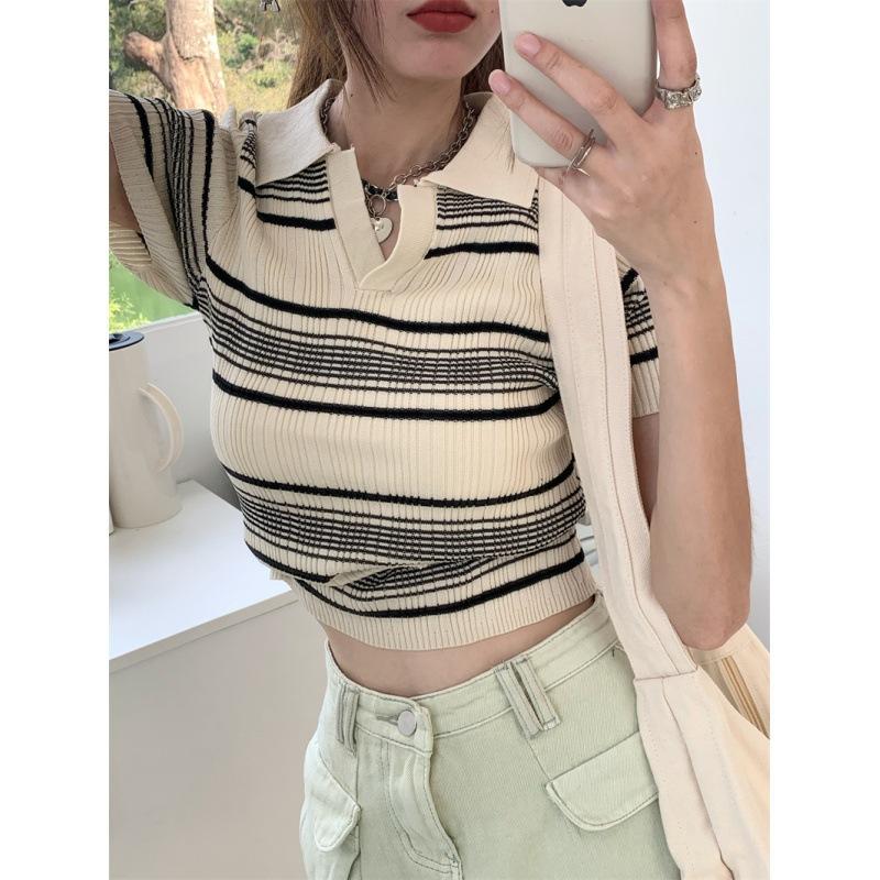 Japan and Korea 1116 summer retro striped knitted sweater design sense short polo collar T-shirt women's chic short-sleeved top
