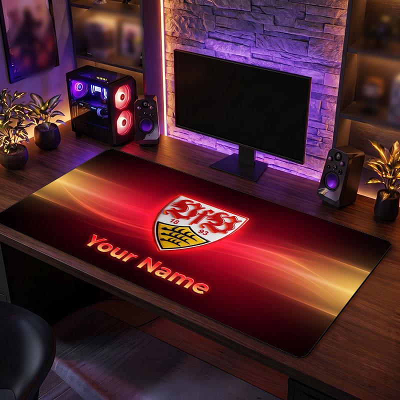 Tappetino per Mouse Grande Personalizzato VfB Stuttgart FC, Stampa Testo Nome Personalizzato, Tappetino da Scrivania Antiscivolo con Logo Calcio, Regalo per Gamer