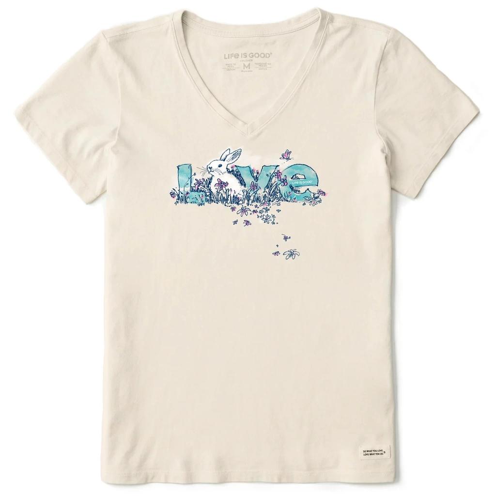 Life Is Good Women's Bunny Love Short Sleeve Crusher Vee, Putty White
