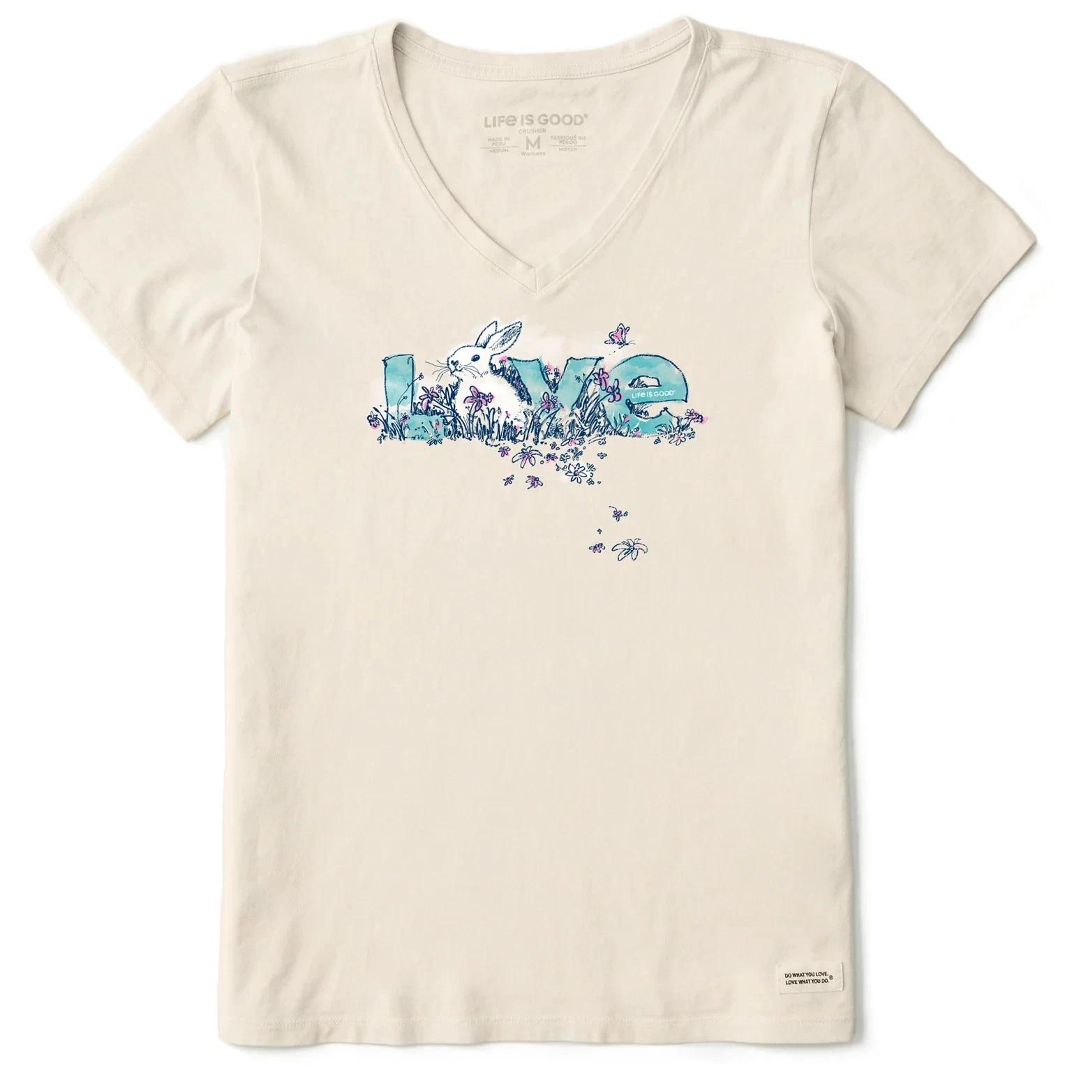 

Life is Good Women s Bunny Love Short Sleeve Crusher Vee, Putty White 3XL