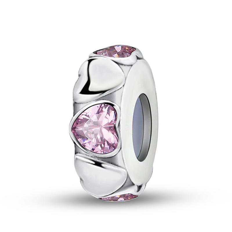 Copper Pendants Zircon Pink Love Heart Charms Beads Fit Original Pan Bracelet Bangles Diy Jewelry For Women