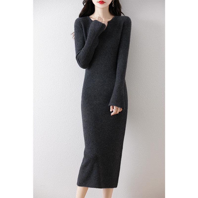 Autumn-Winter Pure Wool Trumpet Sleeve Mid-Length Sweater Dress