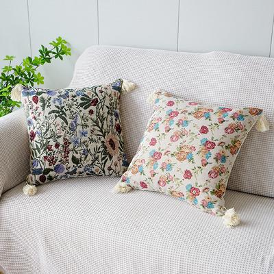 45 * 45Cm (Coreless) Plant Flower and Plant Jacquard Pillow Cover for Living Room Sofa, Tassel Hanging Ear Pillow, Bedside Cushion Cover