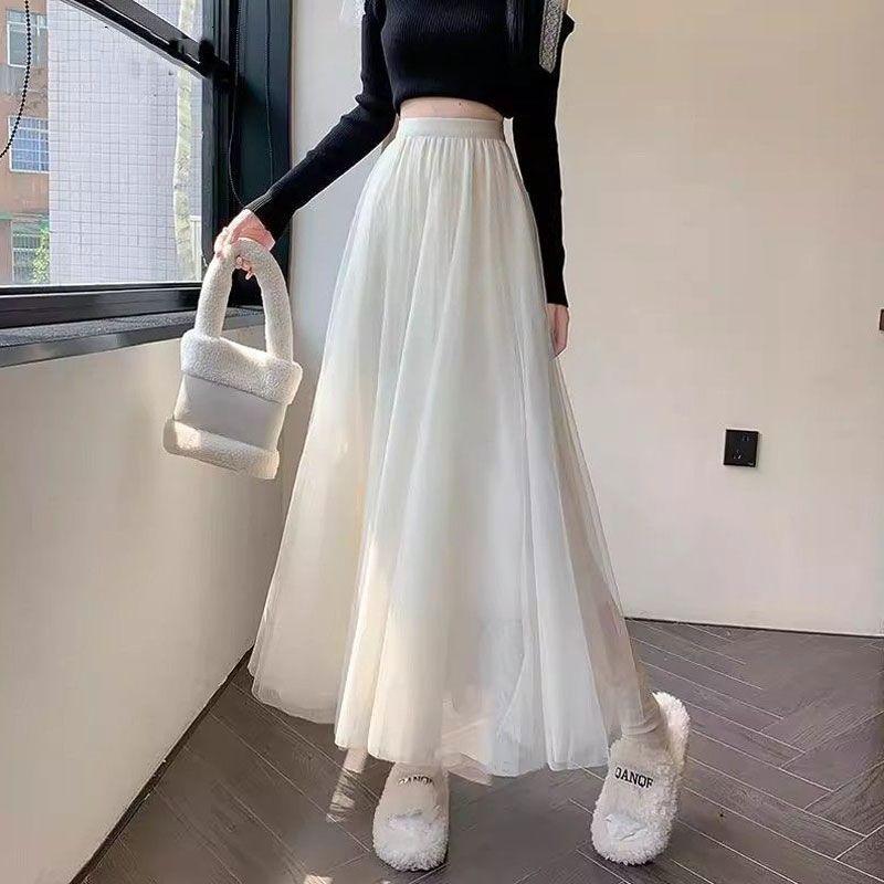 Women's Spring and Summer Tulle Half Skirt Puffy Skirt High-Waisted Slimming Tulle Long Skirt Flared A-Line Skirt
