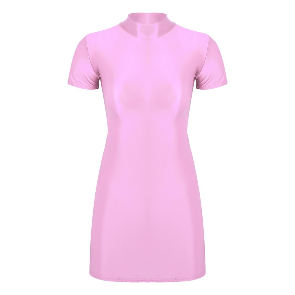 Womens Glossy Mock Neck Bodycon Dress Short Sleeve Stretchy Fabric Nightclub Party Mini Dress