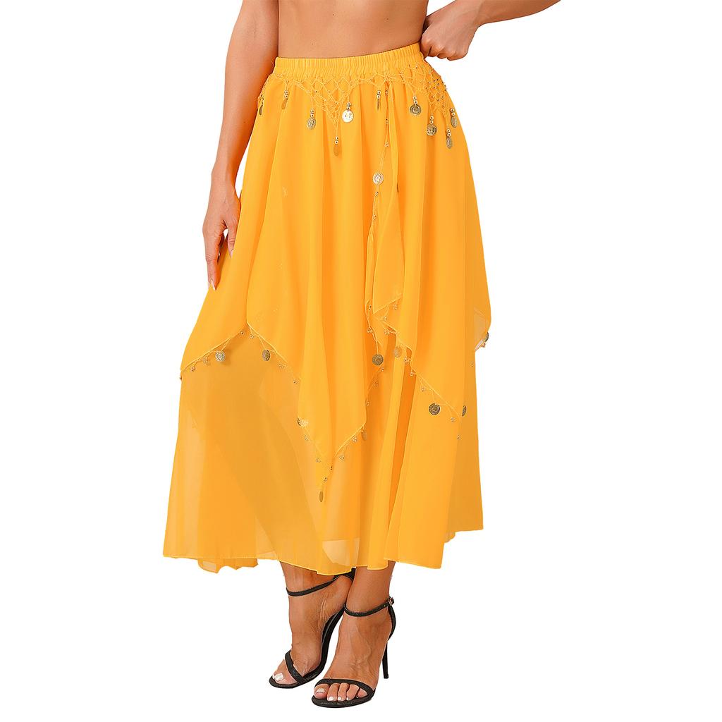 Ladies Sequin Beaded Belly Dance Skirt Chiffon Fabric Elastic Waistband Performance Costume Practice Dancewear