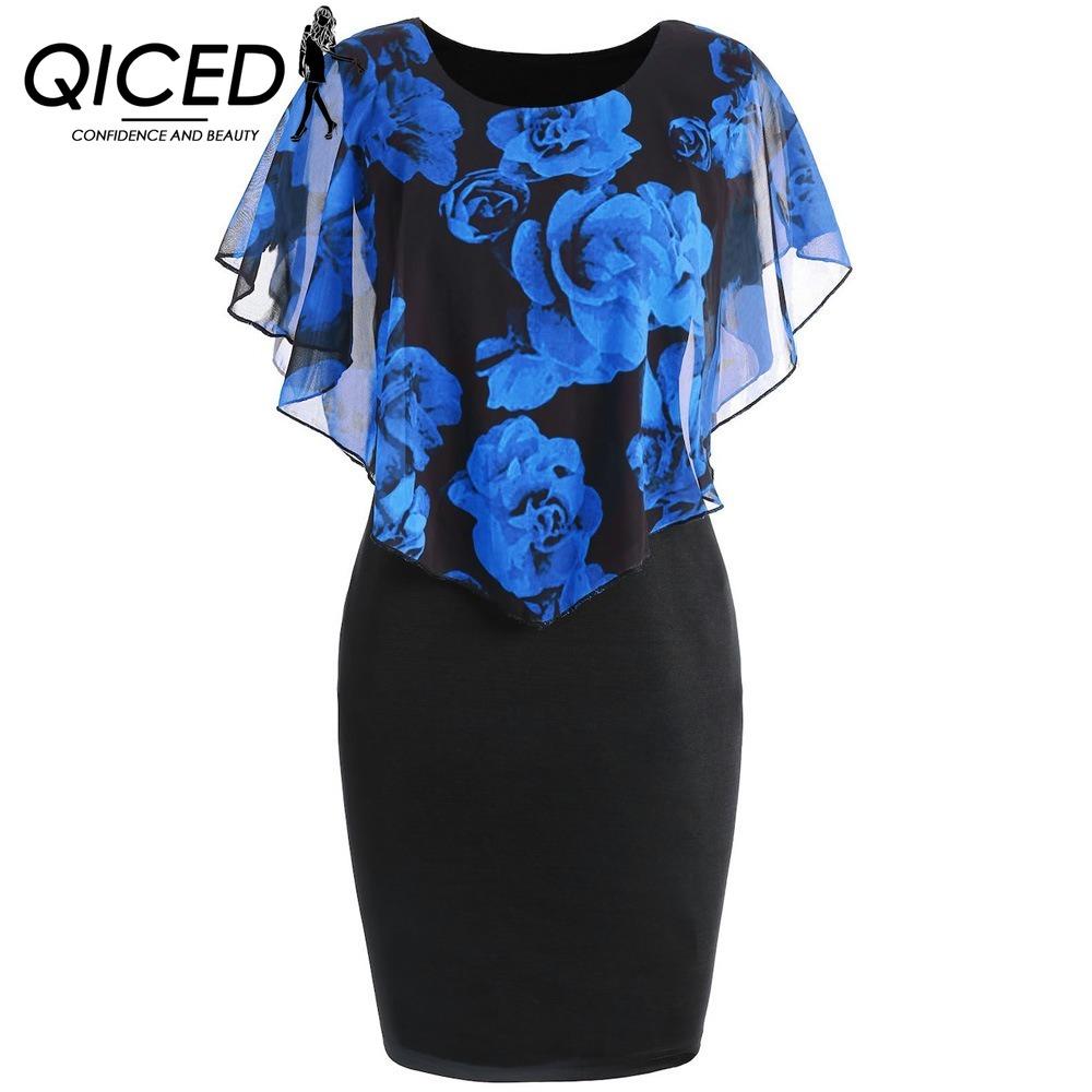 

QICED Черное сексуальное платье с прозрачной шалью и нежным цветочным принтом XXXXXL темно-синий