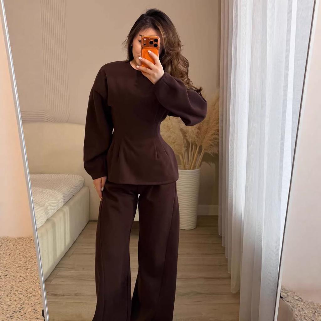 Cross-border European and American Women's Clothing Amazon Crew Neck Long-sleeved Waist Top Sports Wide-leg Pants Casual Suit
