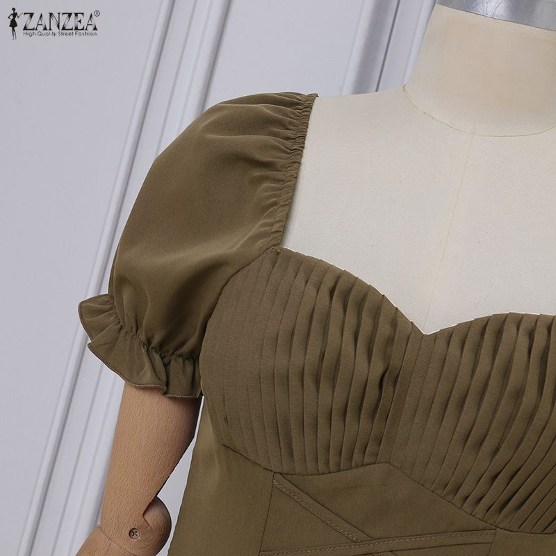 ZANZEA Women Elegant Square Collar Casual Short Sleeve Splice Long Dress
