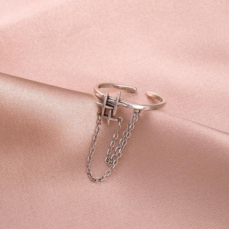 Banyan Tree S925 Silver Star Tassel Ring - Women's Punk Hip-Hop Cross Trend