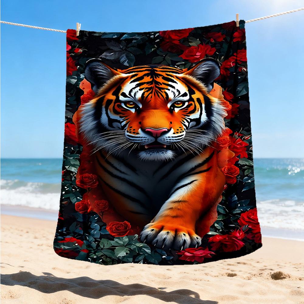 1pc Tiger Roses Outdoor Flannel Blanket, Cozy & Warm Soft Te Playful Design, Napping Camping,