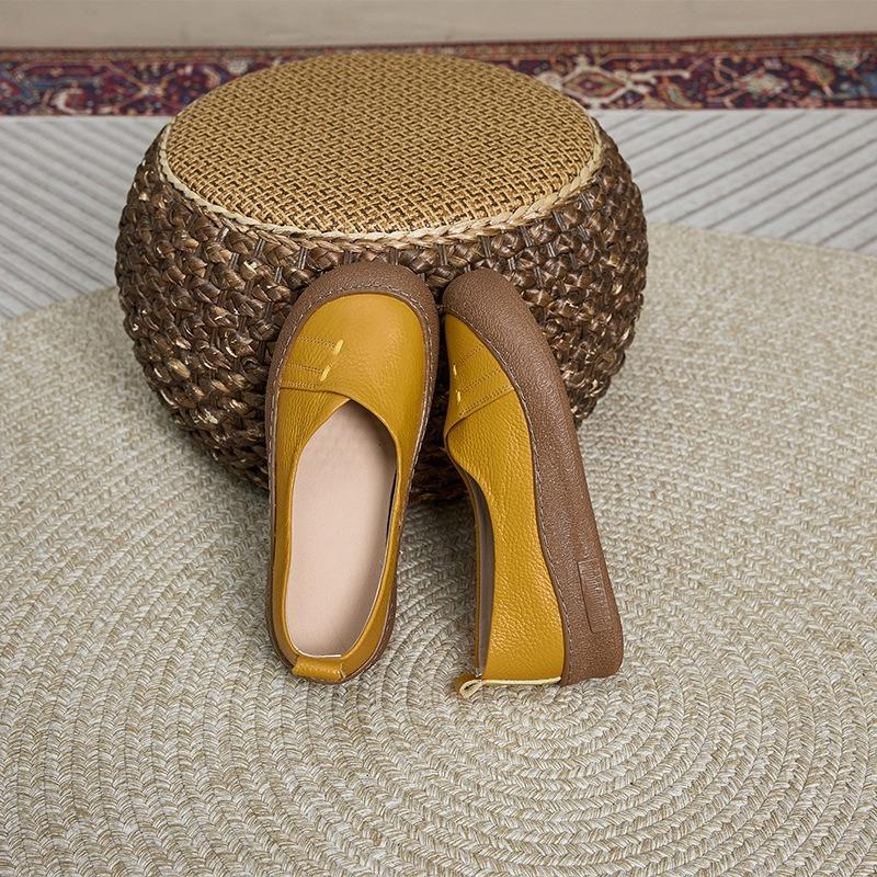 The First Layer of Cowhide Autumn Leather Women's Round Head Loose and Simple Women's Single Shoes One Pedal Casual Shoes