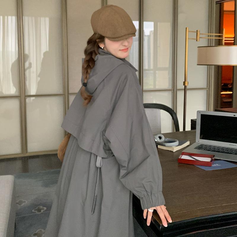 For Women Korean Style Mid-length Loose Large Size Windbreaker Work Coat For Women Large Pocket Hooded Windbreaker
