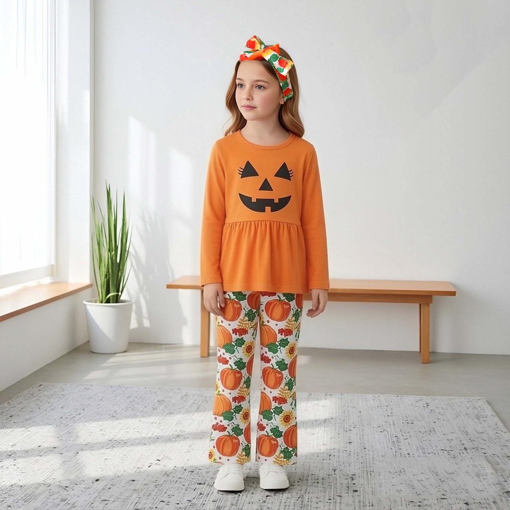 Kids Girls Halloween Outfit Spring Autumn Long Sleeve Pumpkin Printed Skirt Pants Two Piece Set Fashion Casual Children Clothing