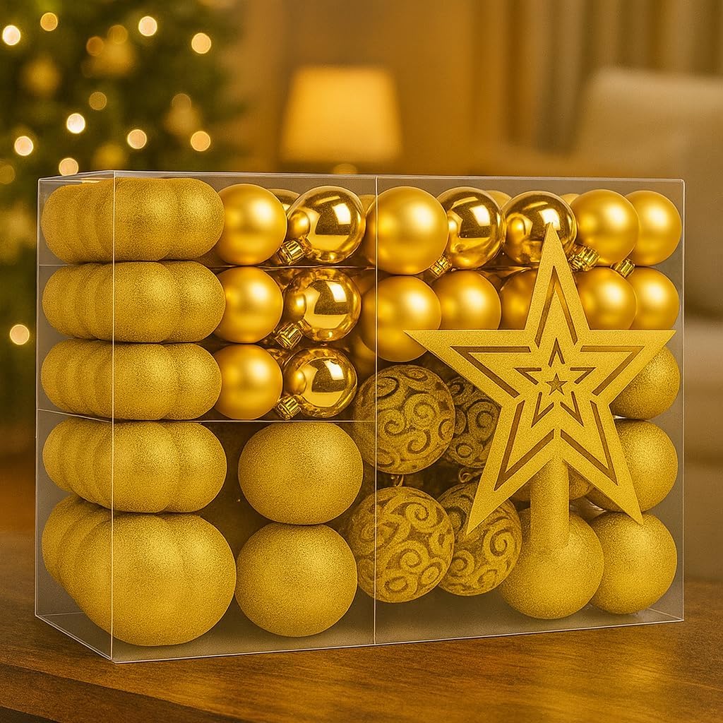 

100 Pieces Red Gold Plastic Christmas Balls Kit | Matte Shiny Glitter Finish | Tree Ornaments Decoration Clear Plastic Box Standard золотистий