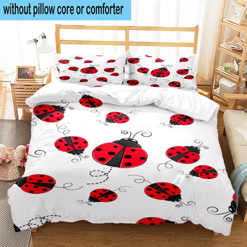 Ladybug Love Heart Pattern 3pcs Bedding,Including 1pc Duvet Cover And 2pcs Pillowcases Perfect for Christmas,Ideal for Bedroom, Dormitory
