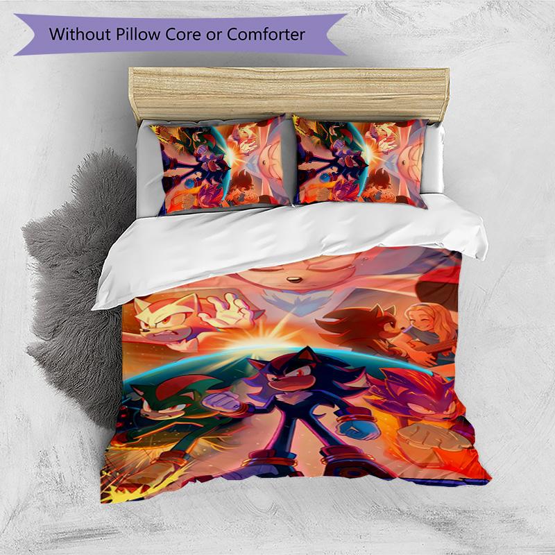Shadow the Hedgehog Pattern Printed 3PCS Bedding Set, Soft Skin-Friendly Washable Duvet Cover & Pillowcases Set