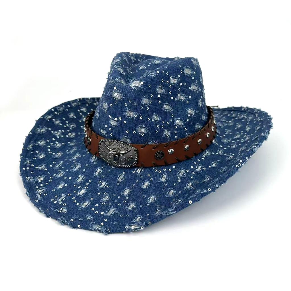Fashion Denim Ripped Retro Western Denim Hat European And American Personalized Casual Jazz Hat Peach Heart Top Curved Brim Top Hat