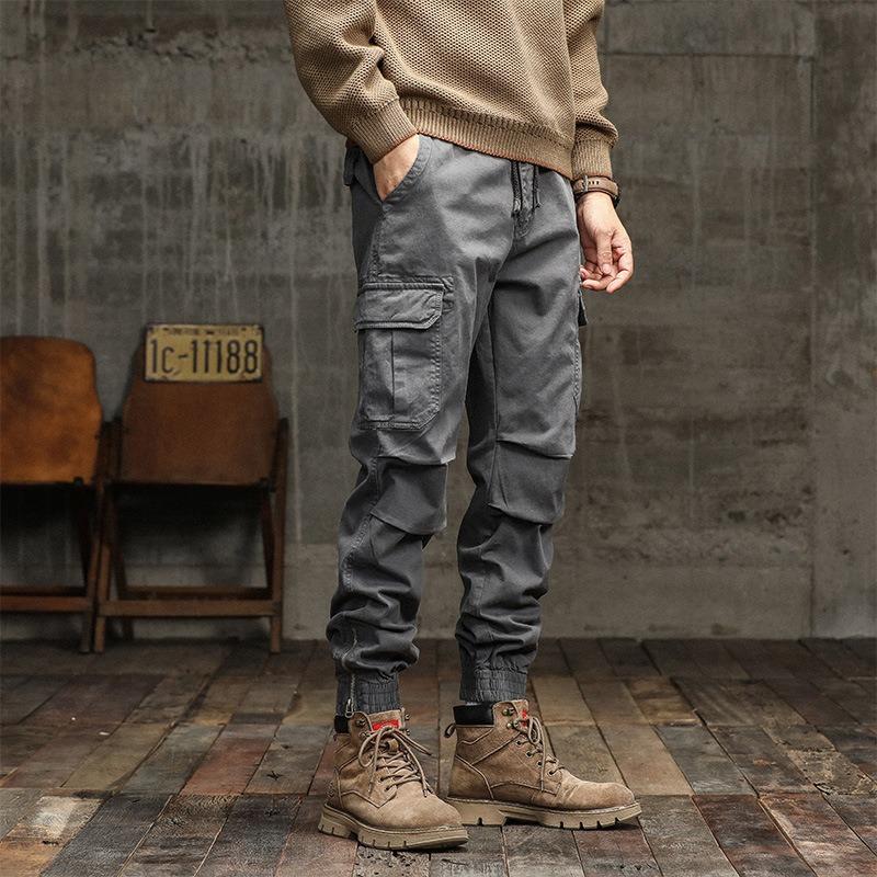 Wear-resistant Men's Overalls, Multi-pocket Slim-fitting Trousers, Four-season Commuting Solid-color Work Pants, Versatile Cotton Leggings