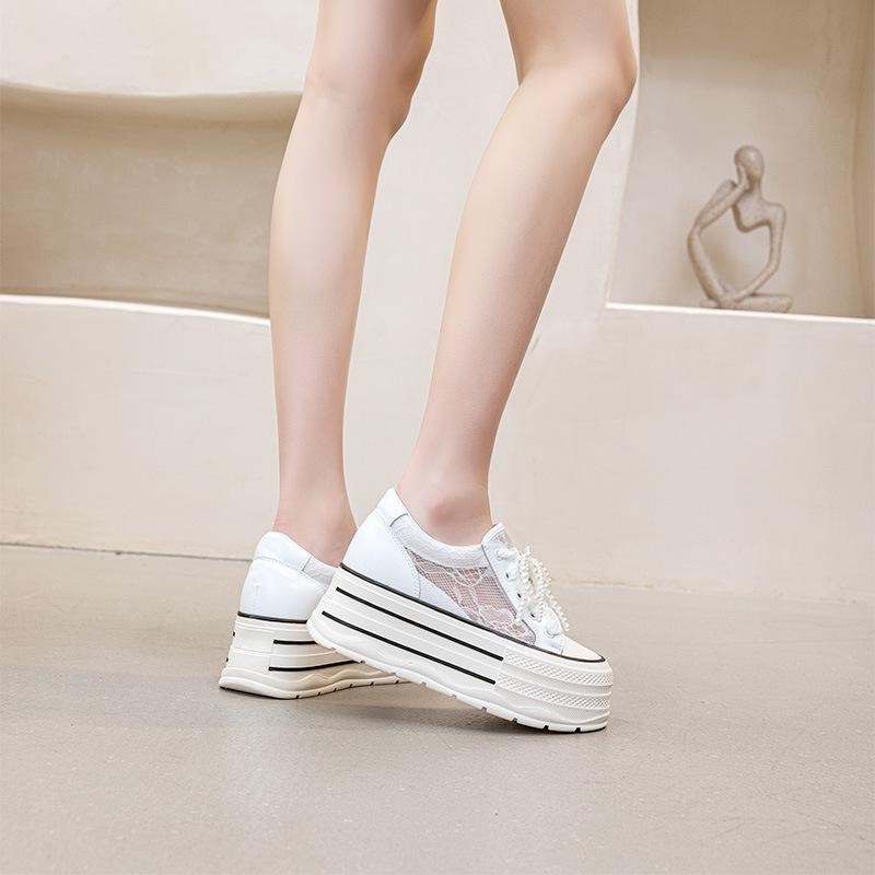 

Жемчужные шнурованные кружевные сетчатые туфли на платформе 2025 женские летние новые на толстой подошве с внутренней платформой трендовые простые 40 белый