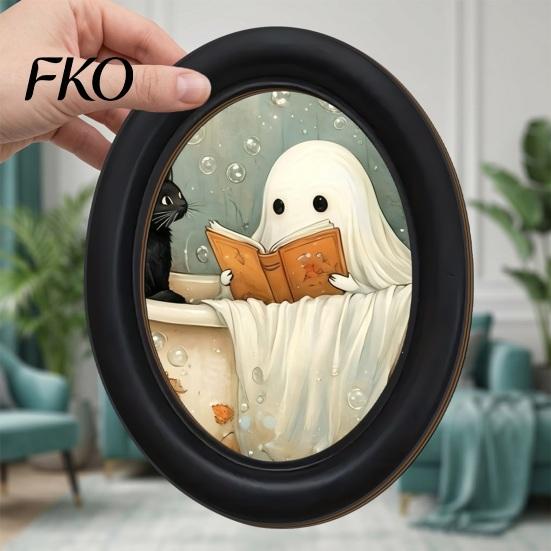 Cute Ghost Painting Halloween Wall Decor, Table Sign, Vintage Oval Framed Non-marking Art Picture, Decorative for Mantel Living Room Bedroom