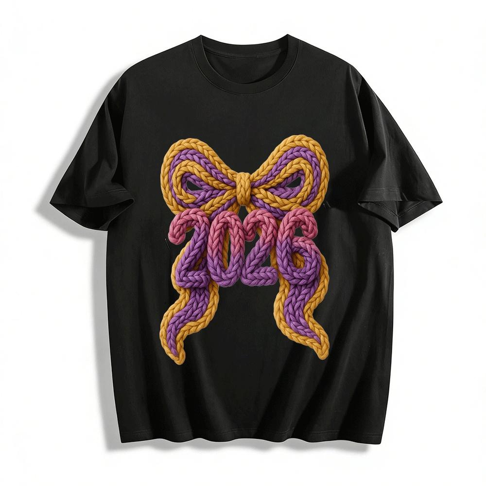 2026 New Year Knitted Bow Print Casual Loose Long Sleeve Top Pure cotton T-shirt XXS