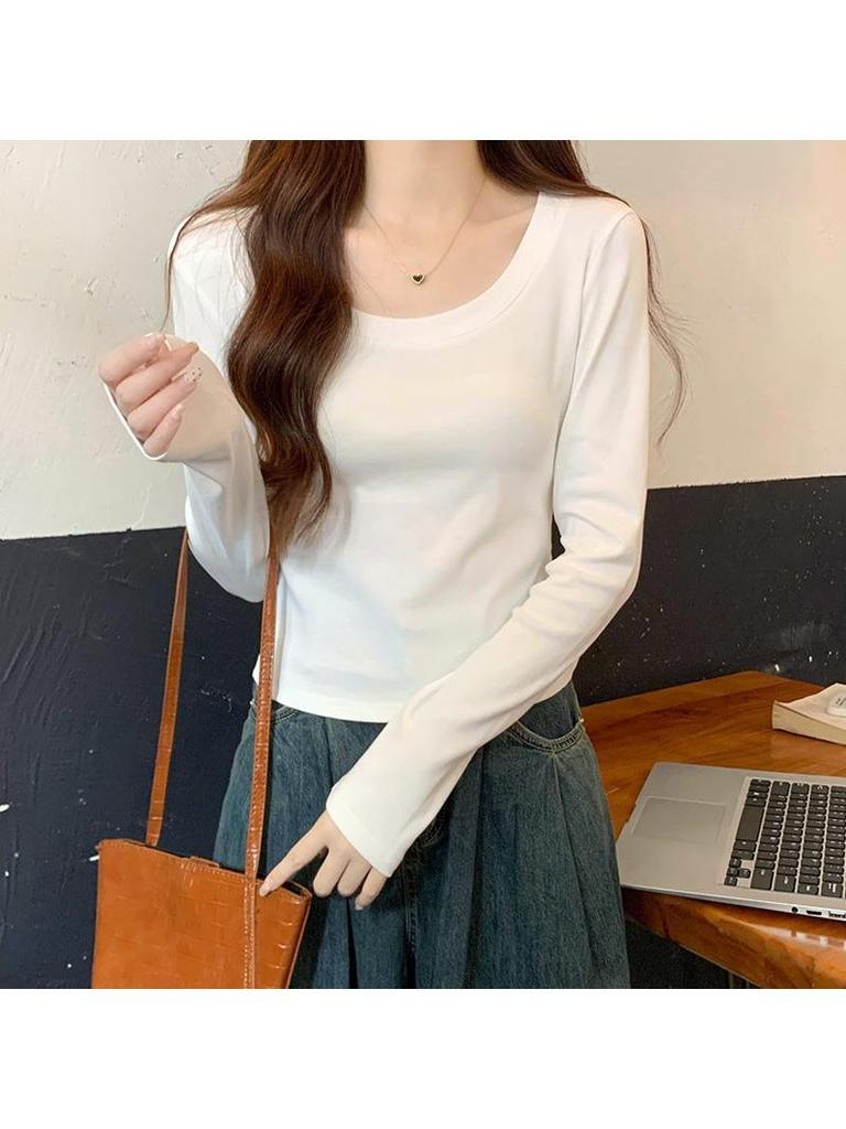 Women's Solid Color Raglan U-Neck Long Sleeve Slim Fit Base Layer Top for Spring and Autumn