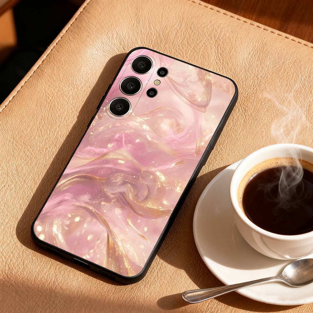 Gold Pink Geometric Marble Phone Case For Samsung S26,S25,24,23,22,30,21,10,9,Ultra,Plus,Lite,Black Soft Case