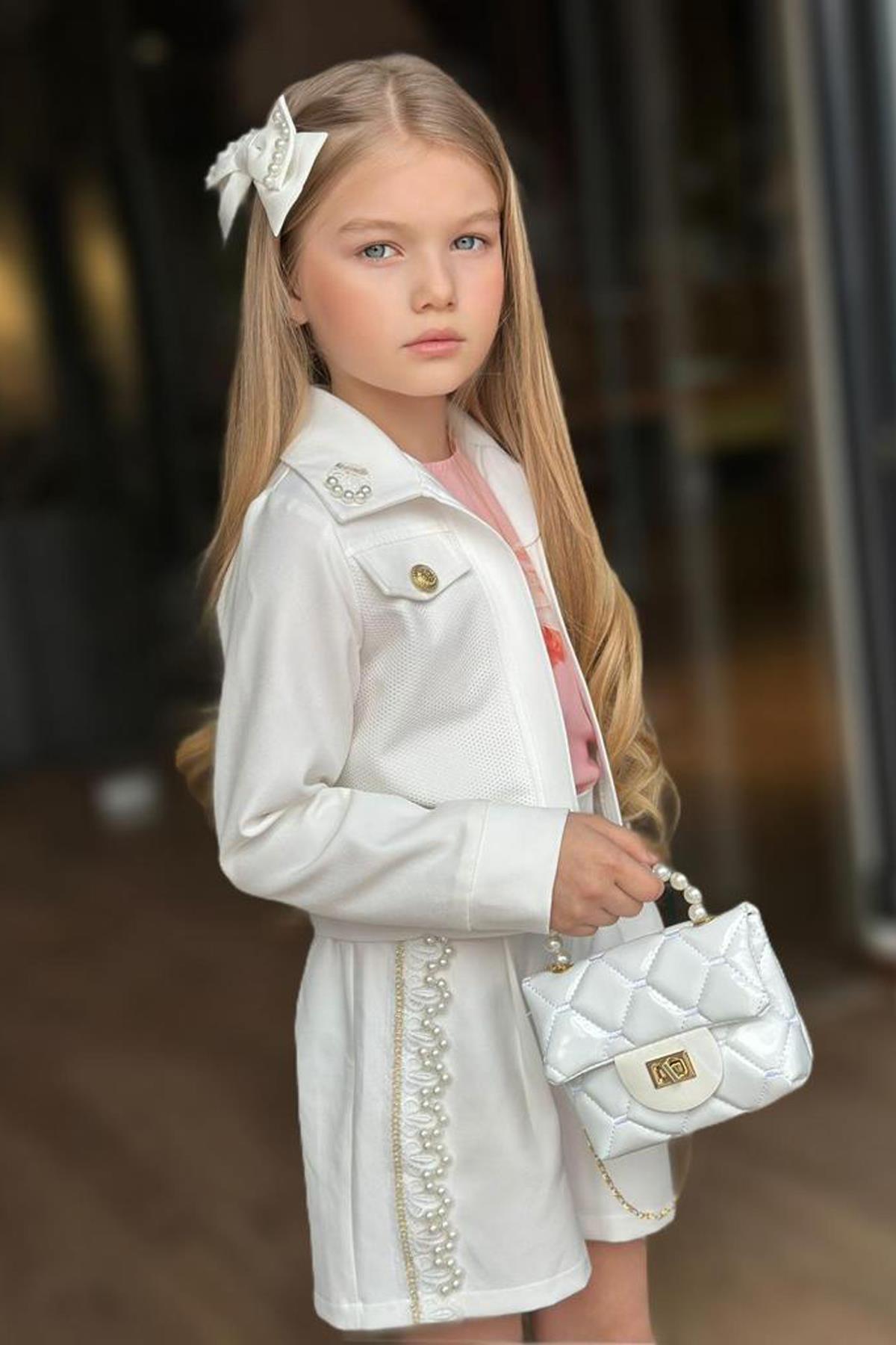 

Комплект из 5 предметов белого верха и низа для девочек с жемчужной отделкой и гипюровой вышивкой с цветочным принтом