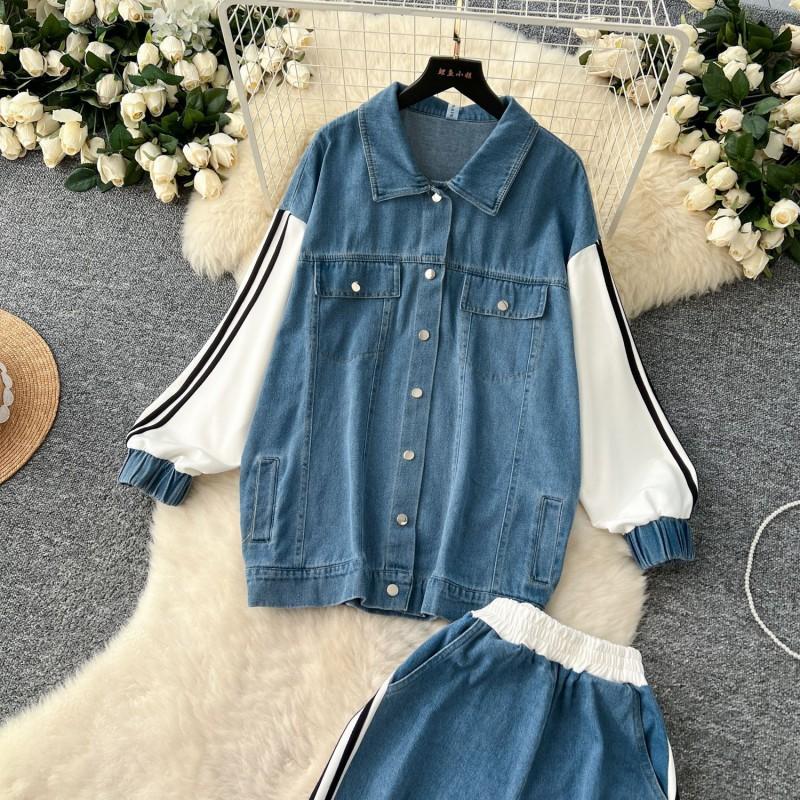 Womens Casual Denim 2-Piece Set Loose Fit Long Sleeve Top High-Waist Straight Pants Vacation Style