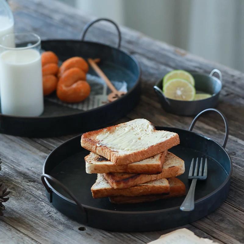 Retro Originality Home Storage Tray Metal Iron Art Binaural Plate Fruit Desserts Bread Delicious Food Photograph Decorate Prop