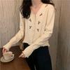 Women's Spring Korean-style Floral Embroidered Knit Cardigan Versatile V-neck Sweater Base Layer Long-sleeve Top