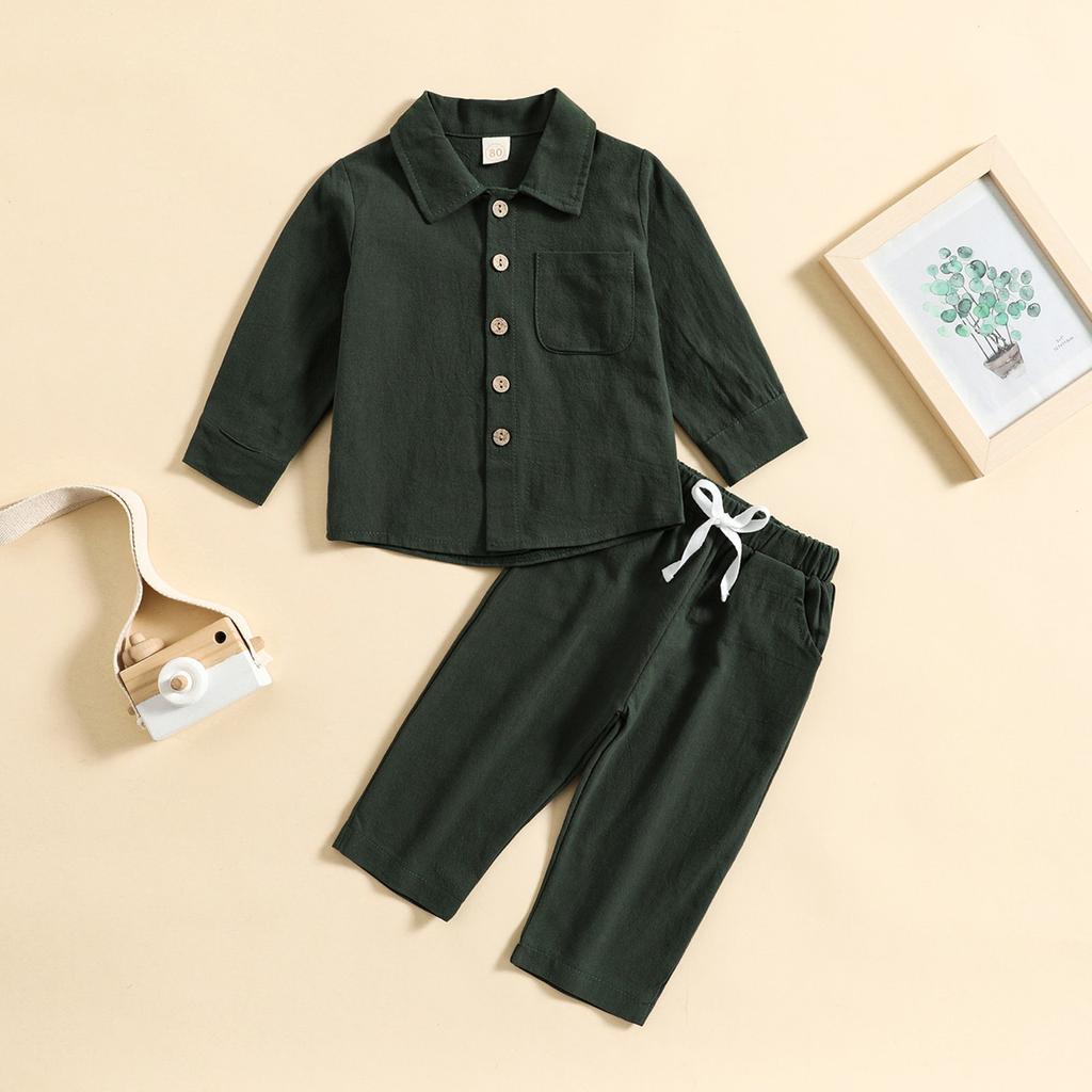 Fashion Toddler Boys' Linen Cotton 2-Piece Outfit Long Sleeve Shirt & Pants Set