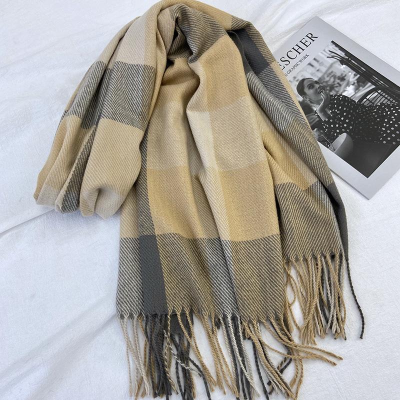 Large Plaid Scarf Women's Autumn and Winter New Imitation Cashmere Shawl Retro Fringed Couple Scarf