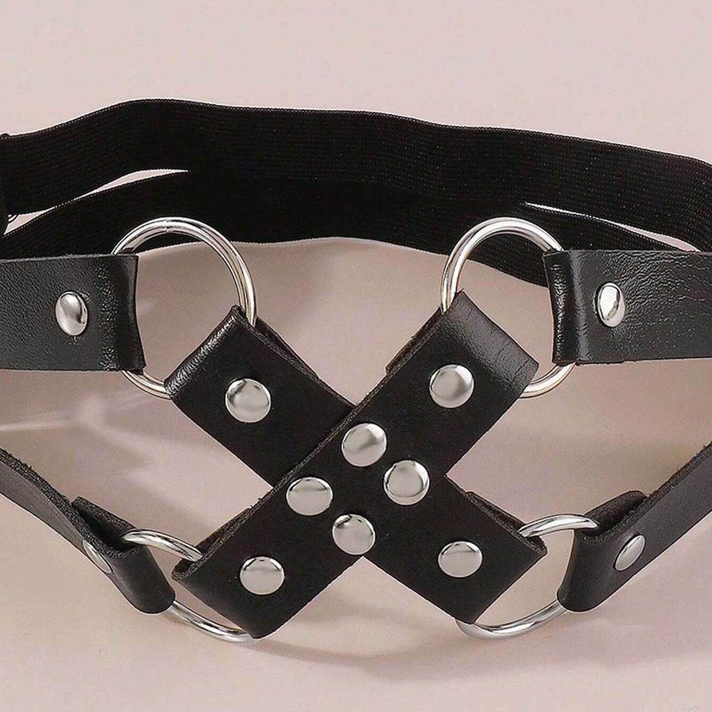 Donna Sexy Roccia Anello Rotondo Passante Elastico Forma a X Cintura in Pelle Accessori Gamba Harness Ragazza Goth Nero Gotico Punk Giarrettiera Coscia