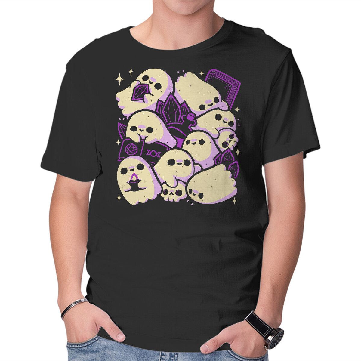 Unisex Crew Neck T-Shirt Spooky Cute Ghosts And Witchcraft Graphic Short Sleeve Casual Tee M
