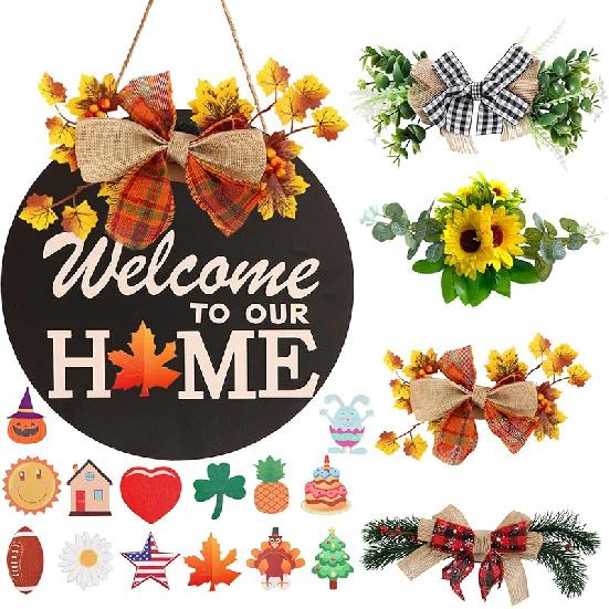 Interchangeable Welcome Sign for Front Door with 4 Seasonal Wreaths and 14 Changeable Icons, Farmhouse Front Door Signs, Door Decoration Porch Decor,