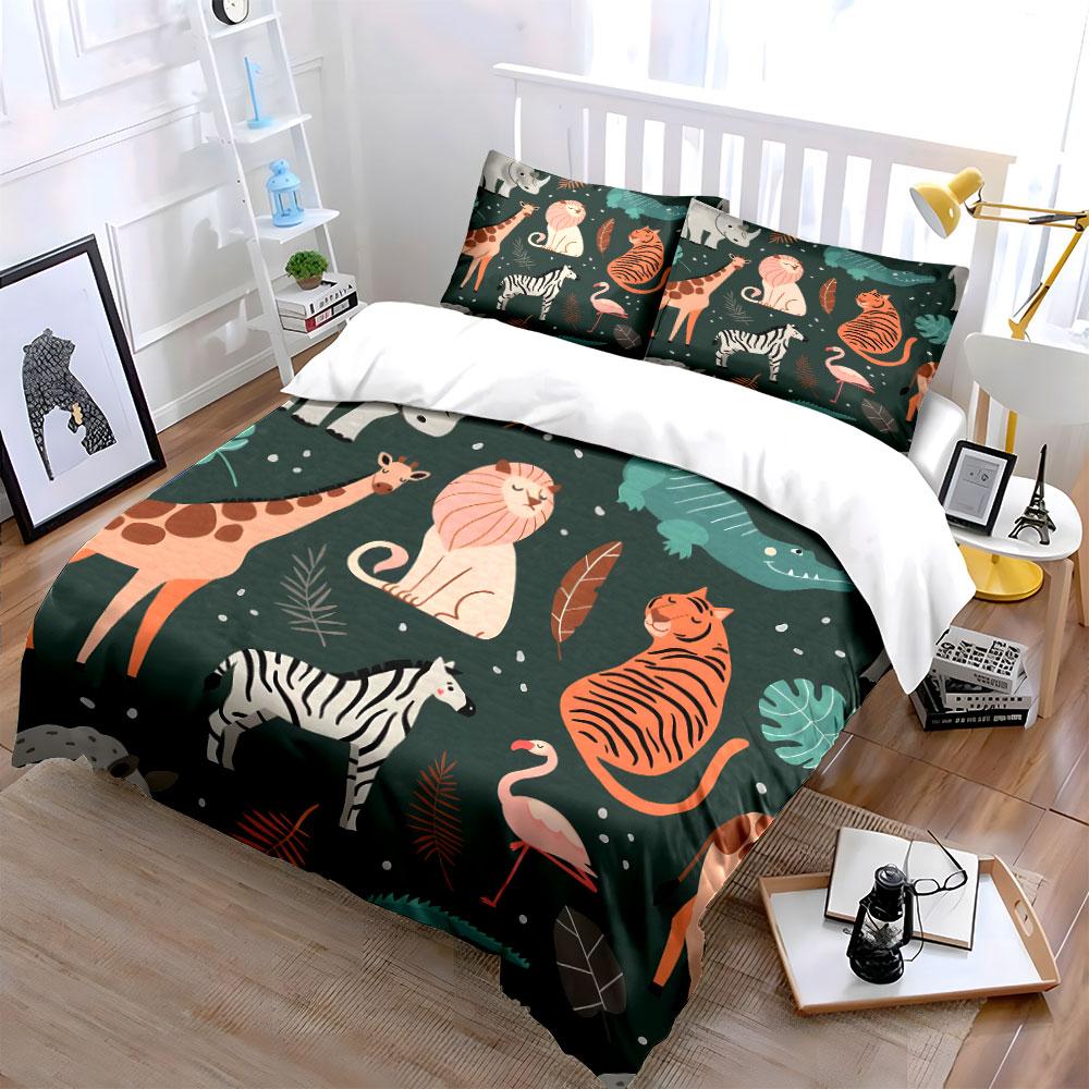 Wild Animals Jungle Pattern Bedding Duvet Cover Set (1*Duvet Cover 2*Pillowcases, without duvet insert)