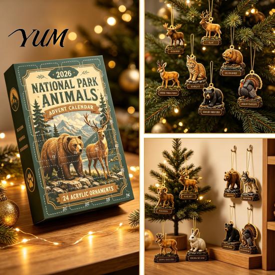 Daily Surprise Countdown Gifts National Park Animal Arrival Calendar, 24 Days Acrylic Figures, Festive Calendar 2D Flat Hanging Ornaments for