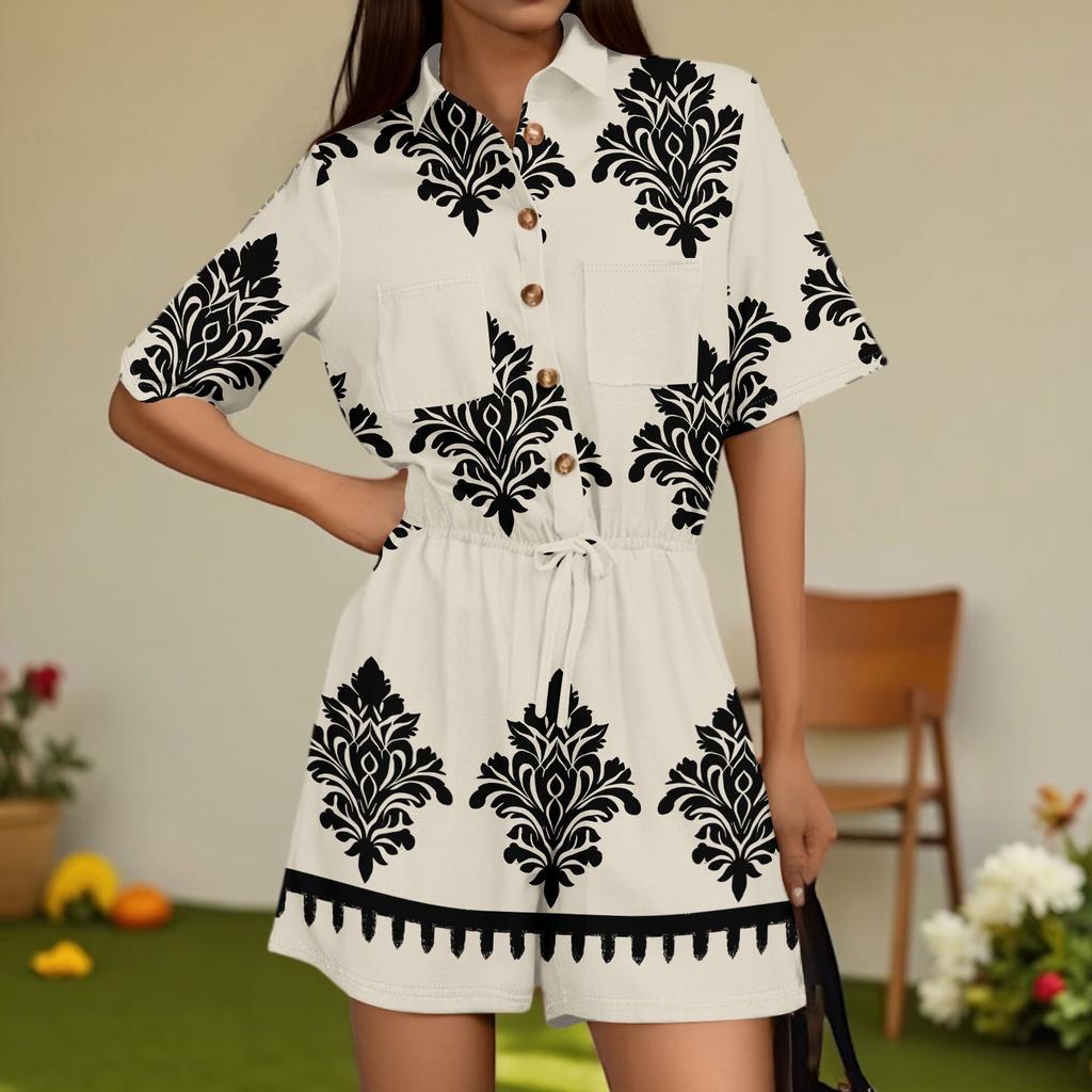 Women's Fashion V-neck Jumpsuit Plaid Casual Short Sleeve Top Jumpsuit
