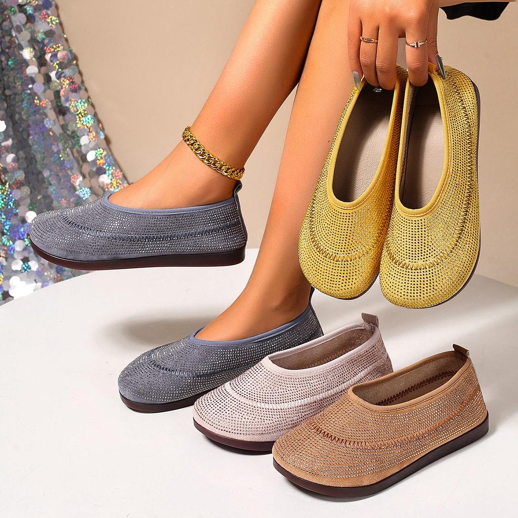 Schuhe Damen 2025 Sommer neu runder Kopf Strass Slipper flacher Mund modische und bequeme flache Damen-Einzelschuhe