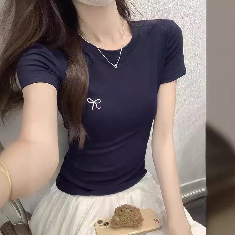 Summer Pure Desire Spice Girl Skinny Bow Embroidered Half Sleeve Top Women's Simple Temperament Fashion T-Shirt