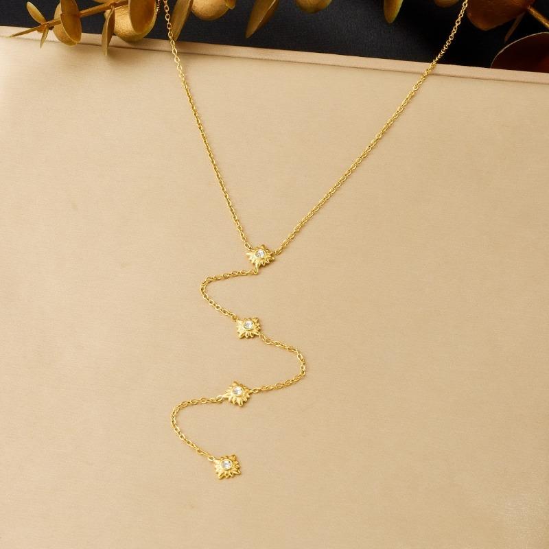 18K Gold Plated Sunflower CZ Y-Necklace, Dainty Layered Lariat Pendant Necklace for Women, Minimalist Jewelry золотой