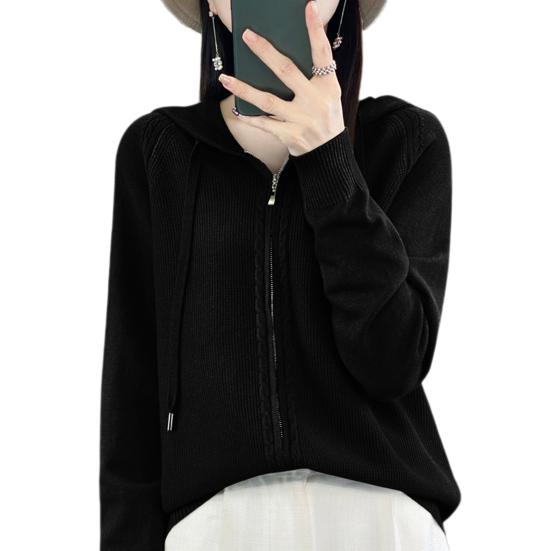 

Женский свитер, пальто с капюшоном, завязками на шнурке, длинными рукавами, двойные молнии, трикотажное пальто, однотонное, свободного кроя, жаккардовая верхняя одежда M чёрный