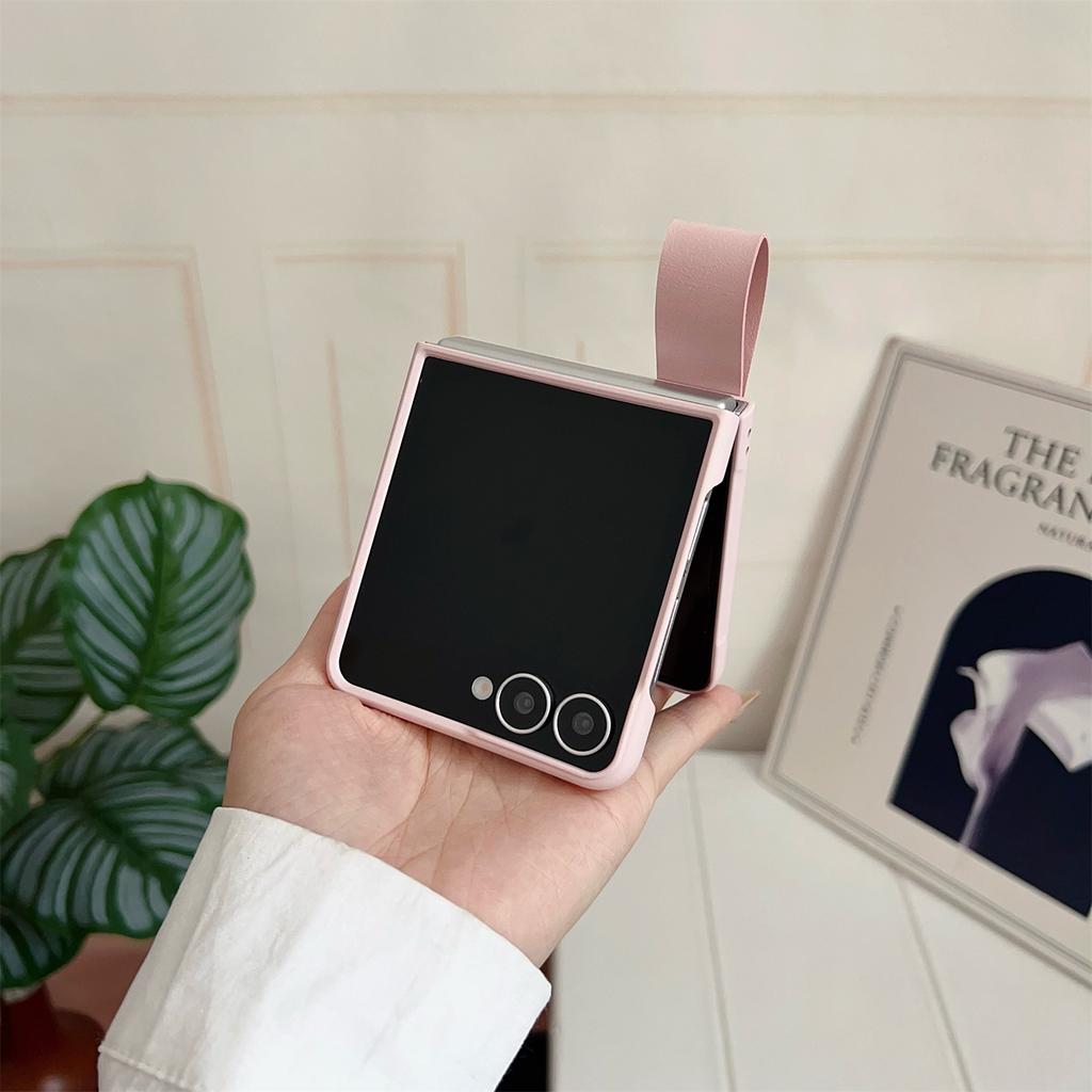 For Samsung Galaxy Z Flip7 5G Case PU Leather + PC Phone Cover with Grip Strap