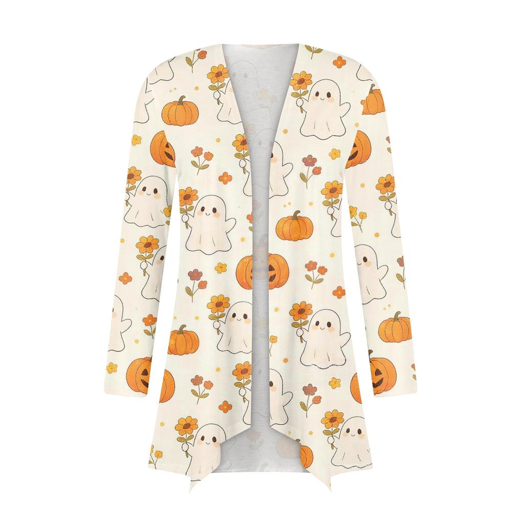 Women's Casual Long Sleeve Cardigan with Halloween Print for Festive Occasions
