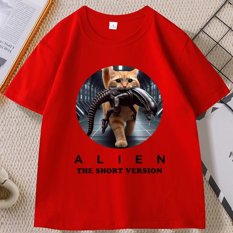 Alien Cat Tshirt for Unisex and Unisex Funny Horror Graphic Printed T Shirt Cotton Short Sleeve Round Neck Tshirt Male Clothing